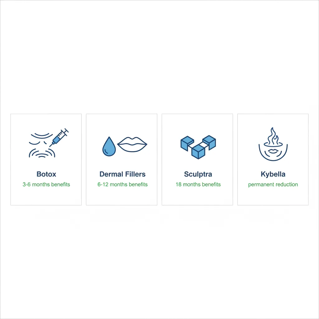 Infographic showing four cosmetic injection services: Botox, dermal fillers, Sculptra, and Kybella with icons and key benefits