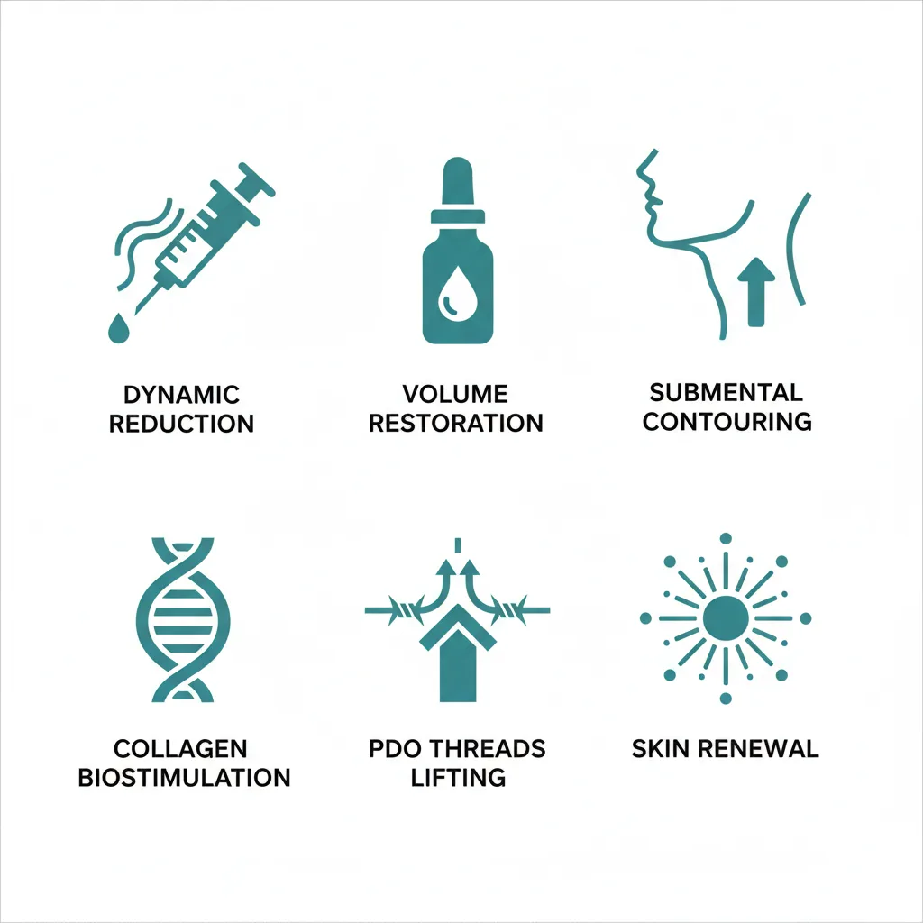 Grid of minimalist icons representing anti-aging facial treatments including Botox, dermal fillers, Kybella, Sculptra, PDO threads, and laser resurfacing